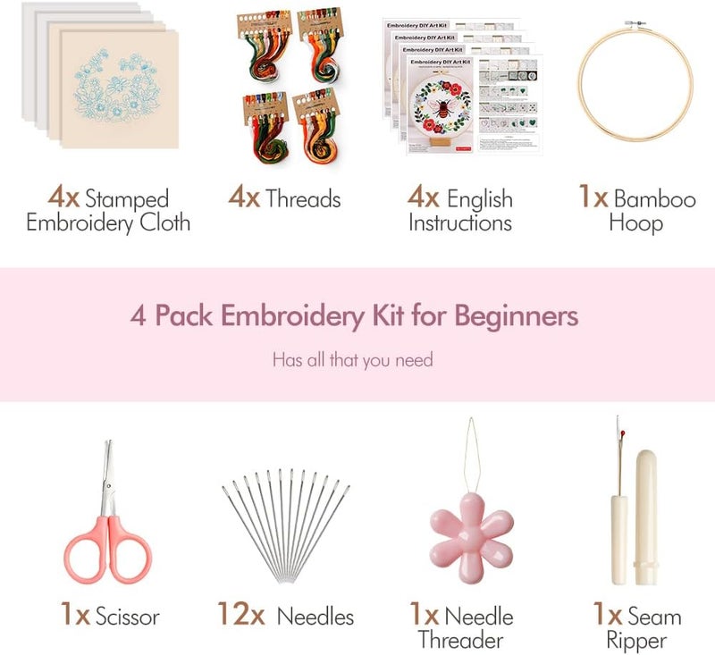wtisan Embroidery Kit for Adults, 4 Sets Cross Stitch Kits for Adults with Stamped Flower Pattern and Easy Instruction, Embroidery Kits with Embroidery Hoop and Color Threads - Image 4